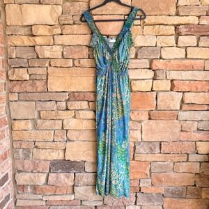 Seven Islands L Women Blue Green Babydoll Paisley Smocked Waist Maxi Dress Beach